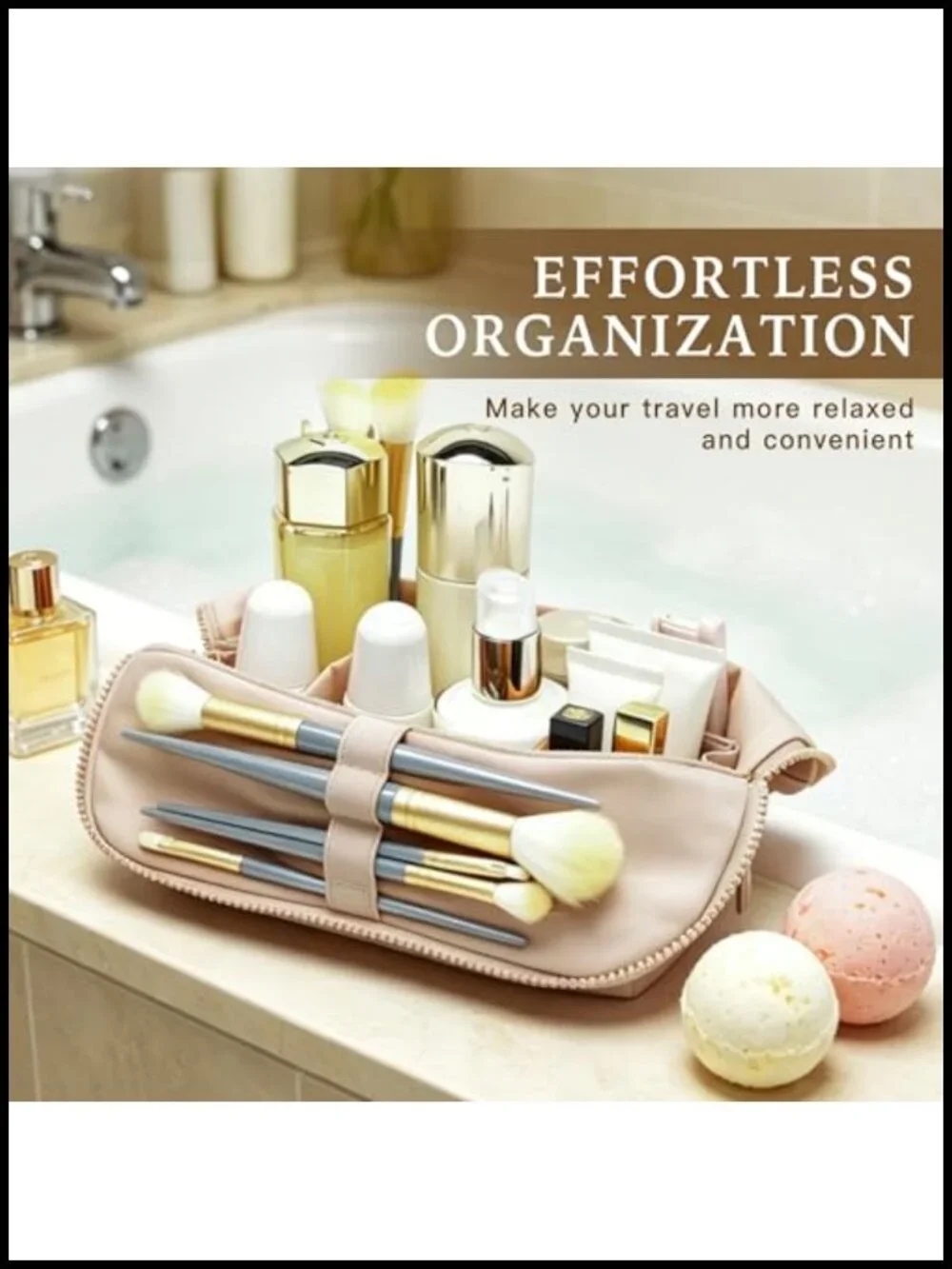 PU Leather Travel Makeup Bag with Fold-Down Design and Adjustable Dividers